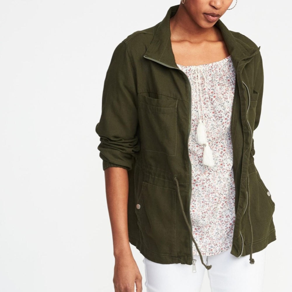 Linen blend field jacket in olive green